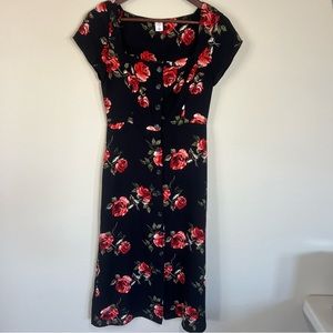 BP. Claudia Sulewski Women's Black Rose Button Up Floral MIDI Dress Small
